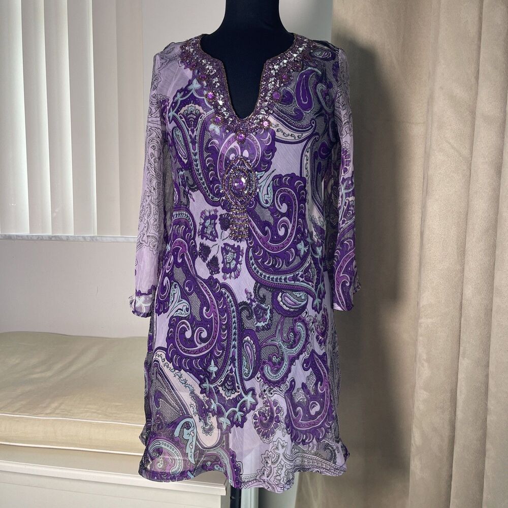 Cute Options Purple Paisley rhinestone beads sheer Women's Blouse cover up L